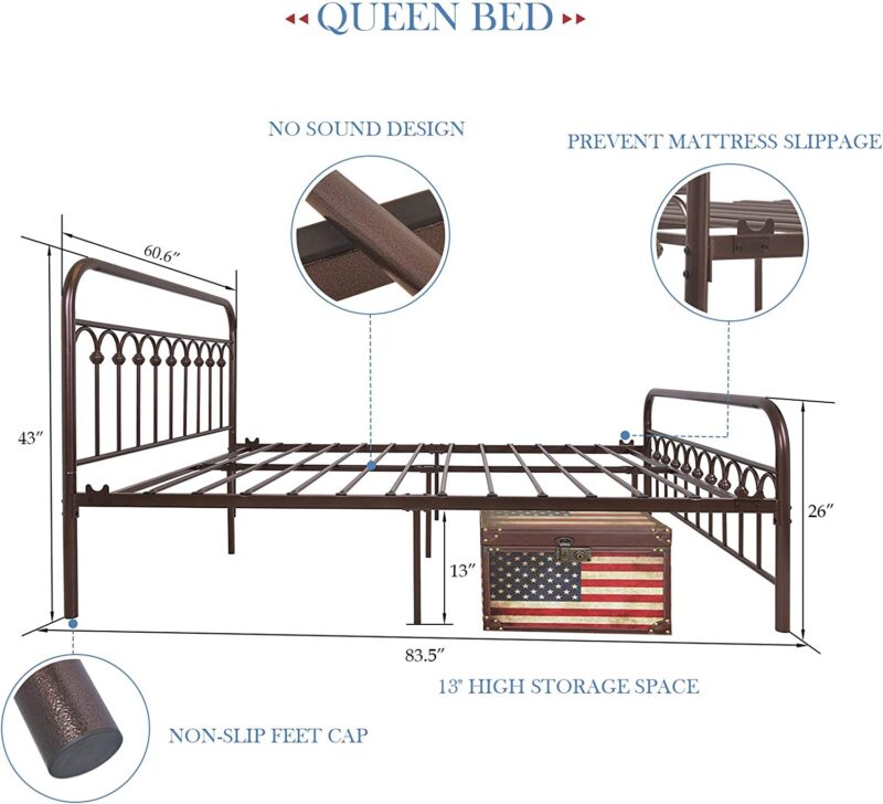 YALAXON Vintage Sturdy Queen Size Metal Bed Frame